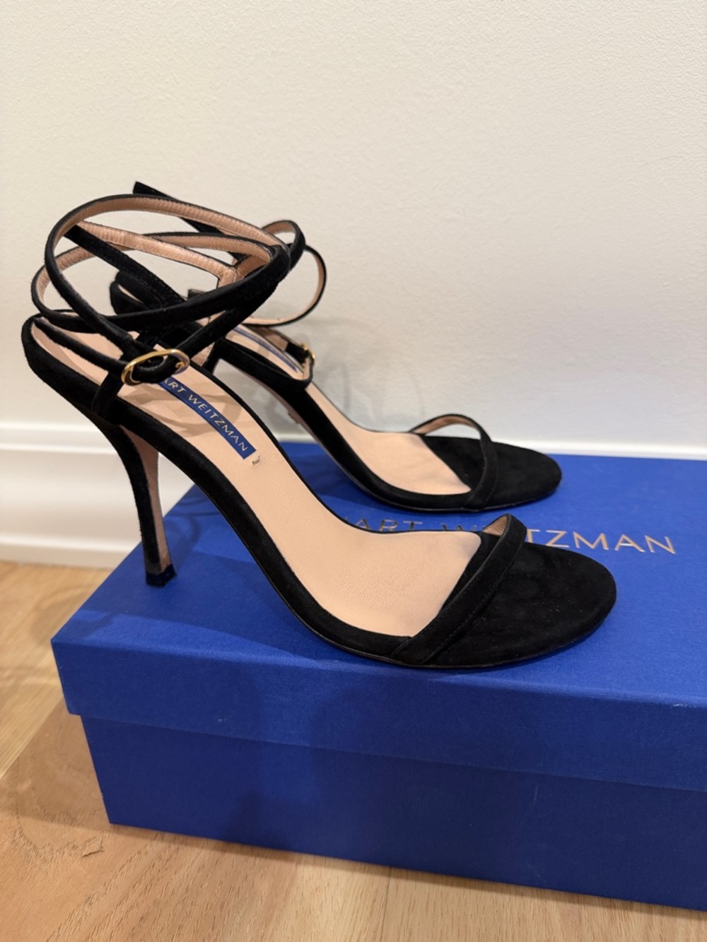 Stuart Weitzman Merinda Black Suede Strappy Heel With Box Size 7